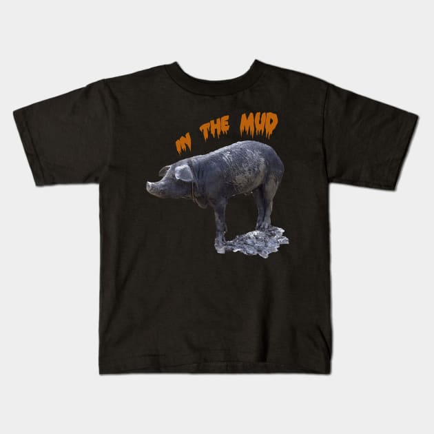 black pig in the mud Kids T-Shirt by rickylabellevie